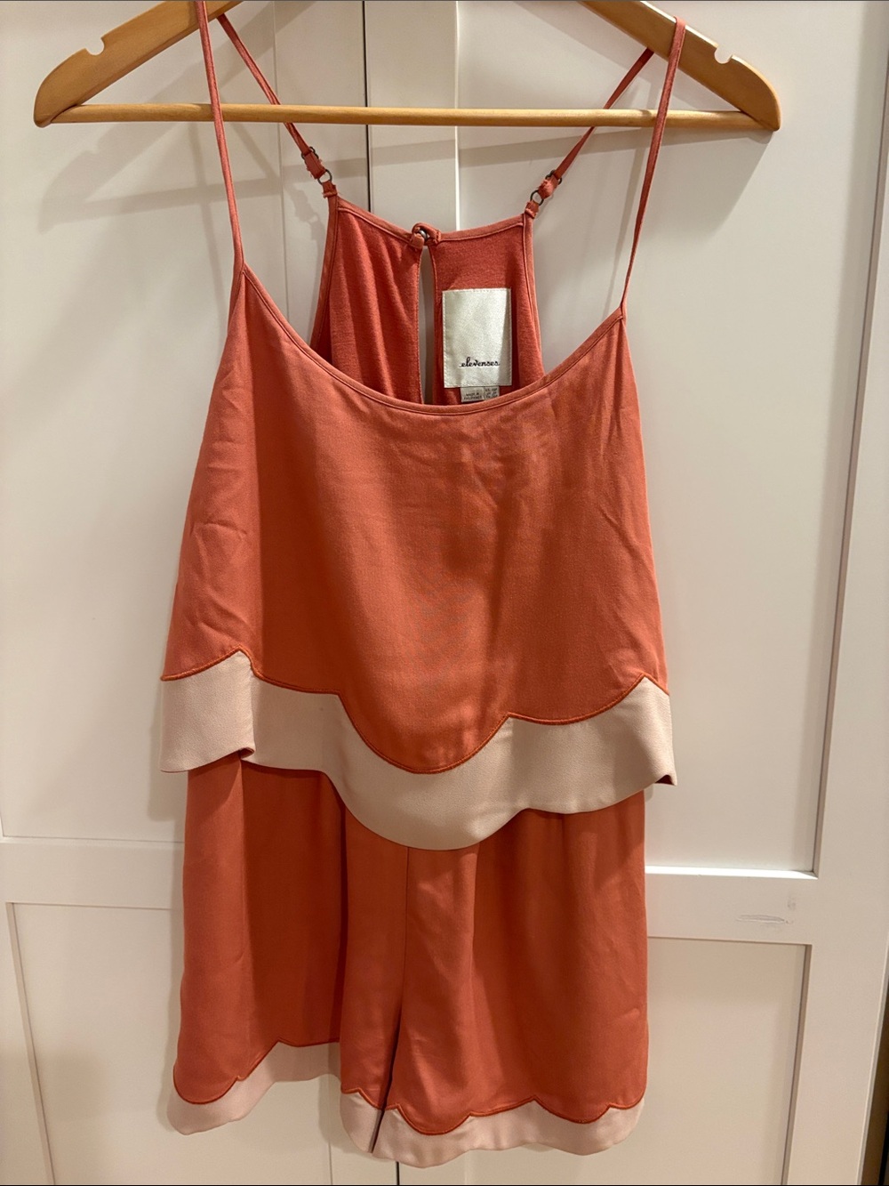 Anthropologie Coral Pink Scallop-Trim Cami Romper